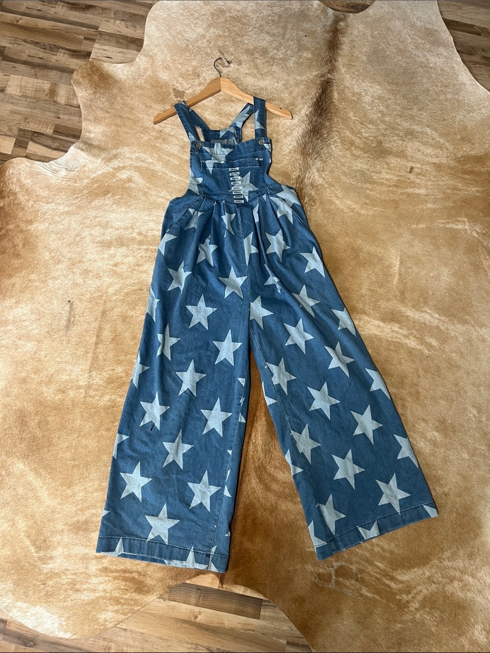 Star Print Wide-Leg Denim Jumper Romper - Blue